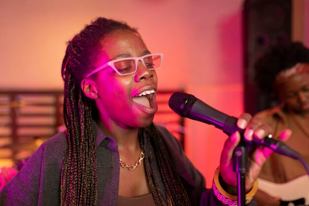 Woman performing live music at a local event