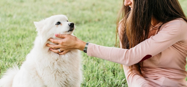 Woman petting adorable dog