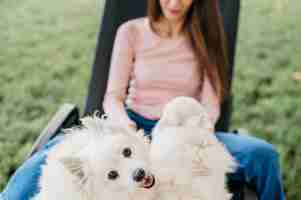 Free photo woman petting adorable dogs