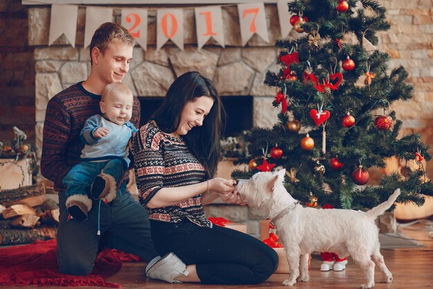 Woman petting the dog while her husband holds the baby in her arms on christmas