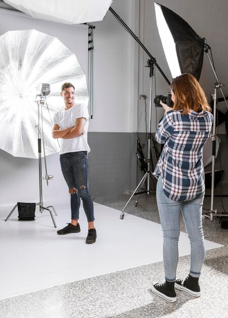 Woman photographer taking photos of model