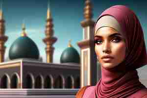 Free photo a woman in a pink hijab stands in front of a mosque.