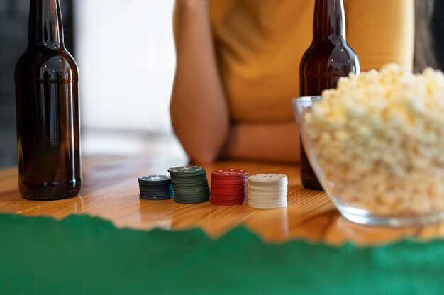 Woman playing poker on a game night