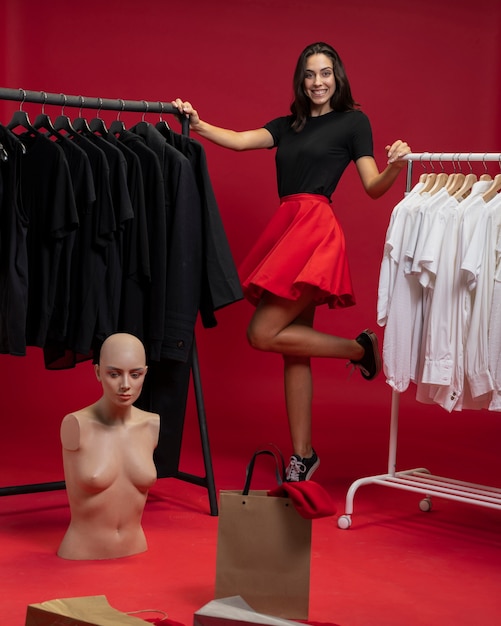 Woman posing and looking at camera at shopping
