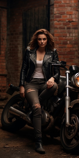 Бесплатное фото Женщина позирует рядом с мощным мотоциклом