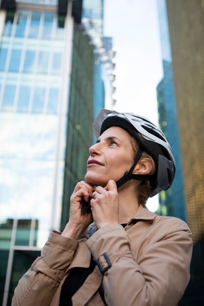 Женщина надевает шлем и готовится кататься на велосипеде