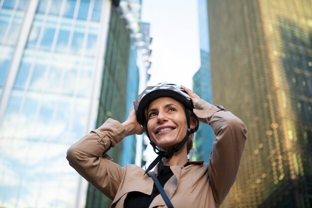 Женщина надевает шлем и готовится кататься на велосипеде