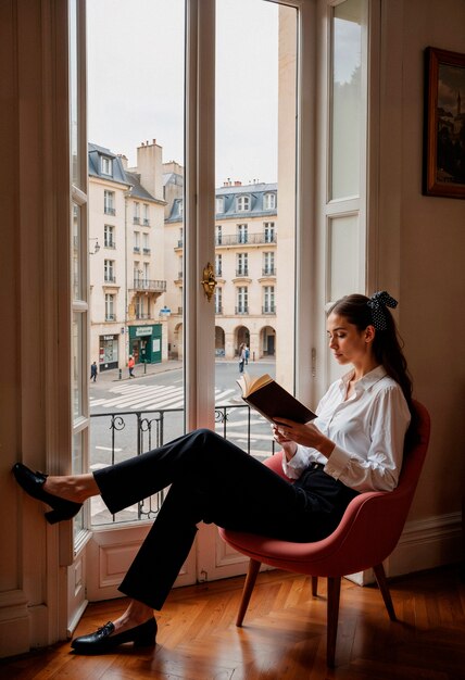 Женщина читает книгу у окна.