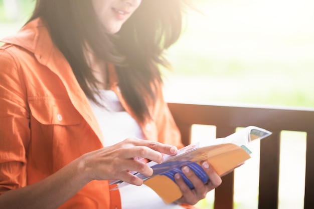 Woman reading a book.