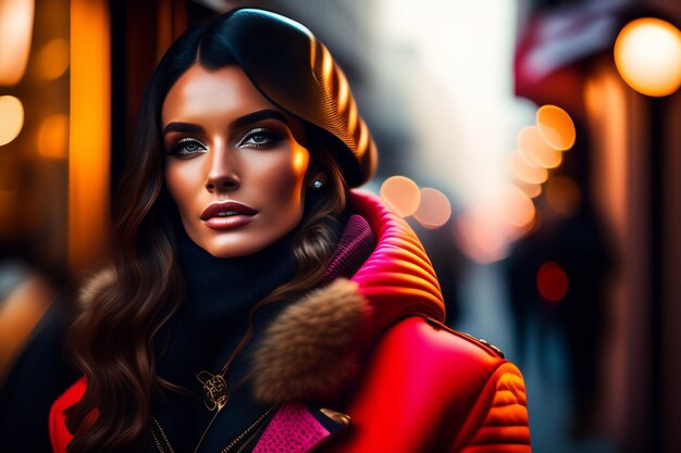 ロンドンの通りに立つ赤いコートを着た女性