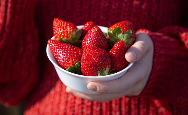 A woman in a red knitted sweater holds a plate of appetizing strawberries