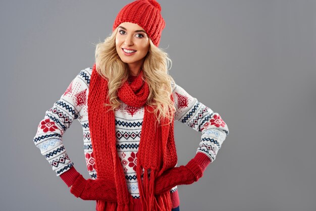 Woman in red and white winter clothes