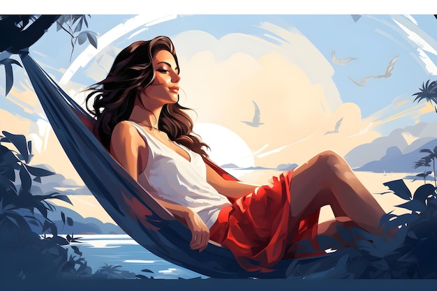 Free photo woman relaxing in hammock on beach illustration