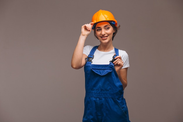 Woman repairer with painting roller isolated