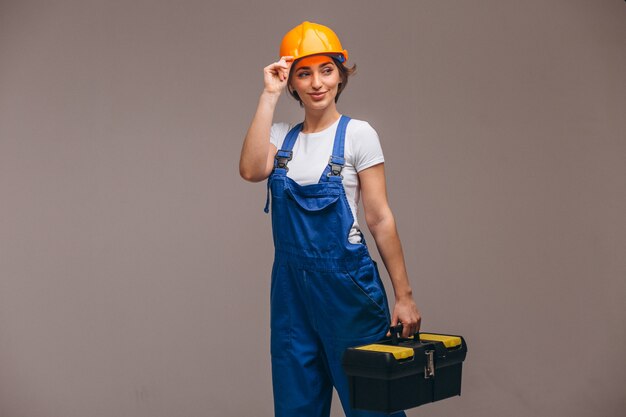 Woman repairer with painting roller isolated