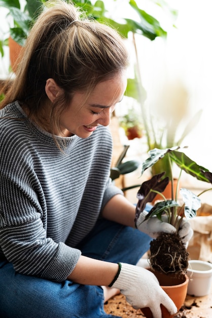 Free photo woman repotting a houseplant inside of her house