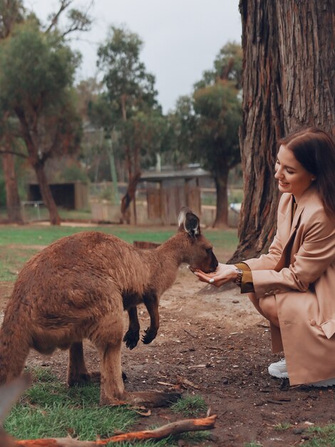 Woman in the reserve is playing with a kangaroo