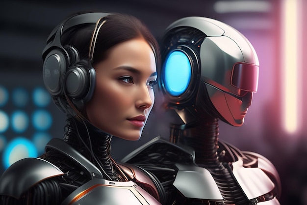 A woman and a robot with a headphones on.