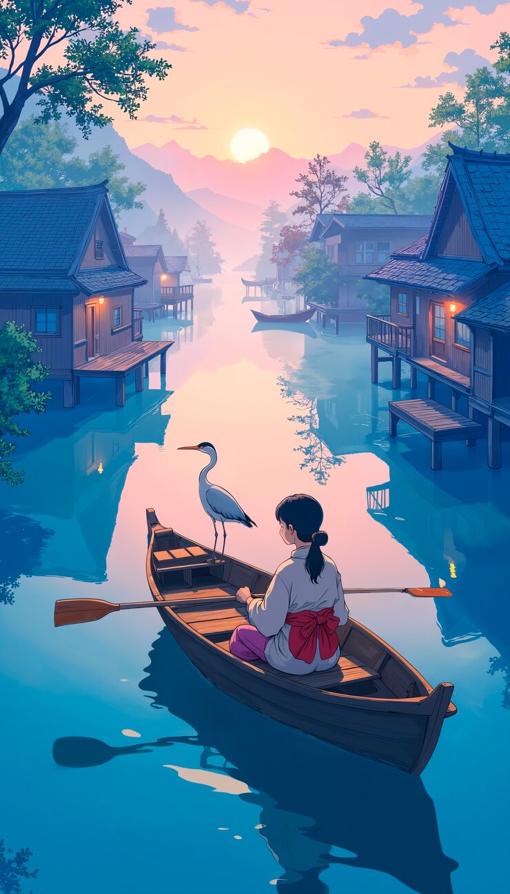 免費 Photo 一位女士在日落時在一個安靜的村莊划船