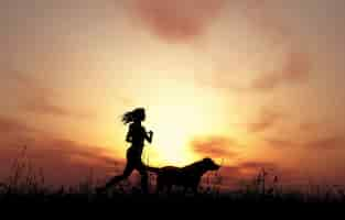 Free photo a woman running next to a dog on a sunset