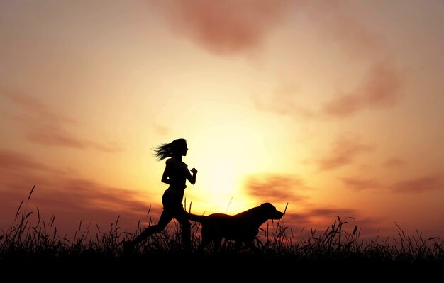 A woman running next to a dog on a sunset