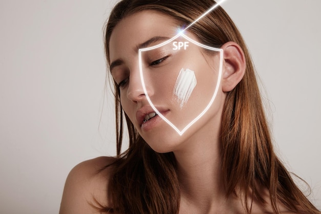 Woman's face into a shield makes spf protection from ray