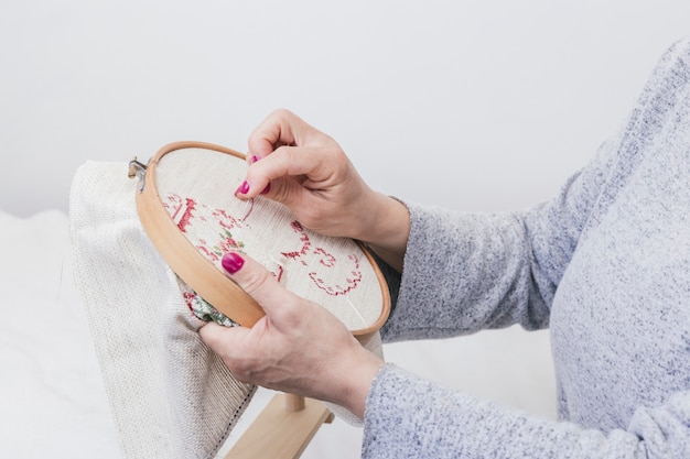 Woman's hand cross stitching pattern on a hoop against white background