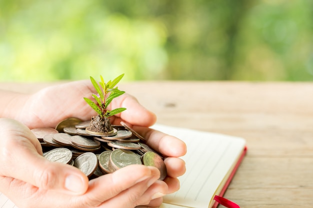 The woman's hand is holding many coins