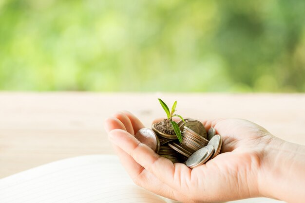 The woman's hand is holding many coins