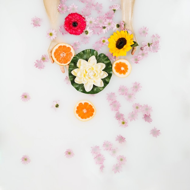 Foto gratuita le mani bagnate della donna con i fiori e le fette di pompelmo nella vasca termale con latte