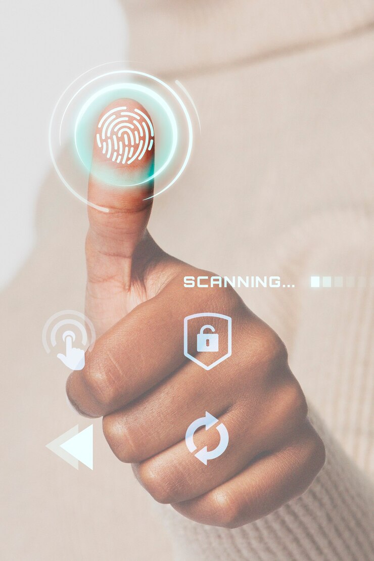 Free Photo woman scanning fingerprint with futuristic interface smart technology
