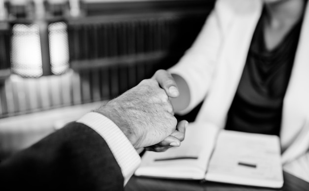 Free photo woman shaking hands with business partner