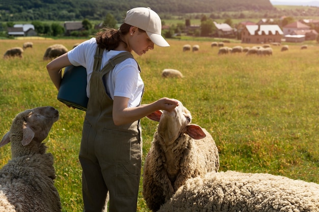 Woman shepherd feeding sheep side view