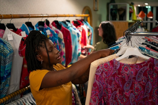 Foto gratuita acquisto della donna nel deposito dell'usato