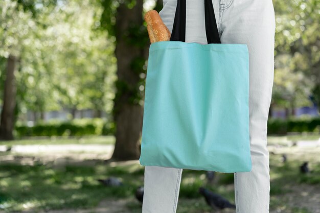 Woman shopping with fabric tote bag