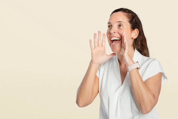 Woman shouting for an announcement