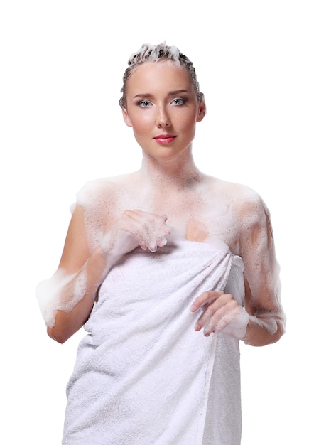 Free photo woman showering with soap on the body and head. hygiene and skin care concept