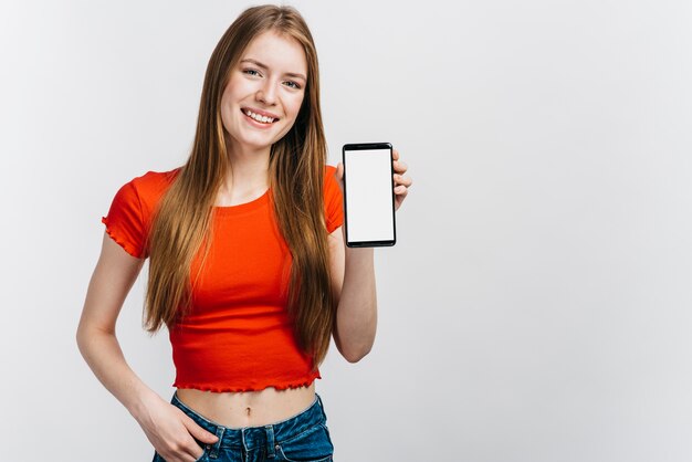 Woman showing her phone mock-up