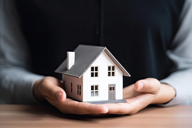 Real Estate Concept: Woman Showing Mini House with One Hand