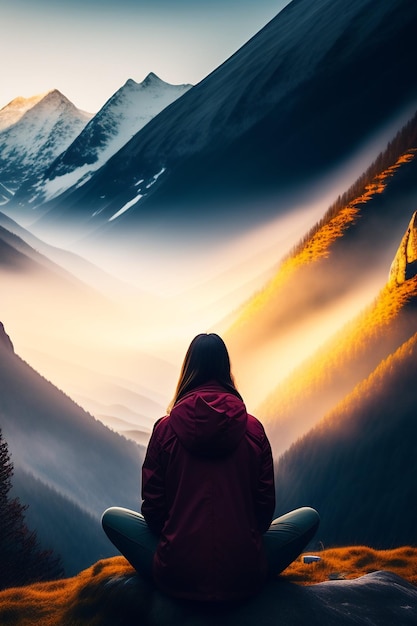 한 여성이 태양이 등을 비추고 있는 산 풍경 앞에 앉아 있습니다.
