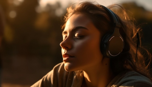 A woman sits in a park with her headphones on.