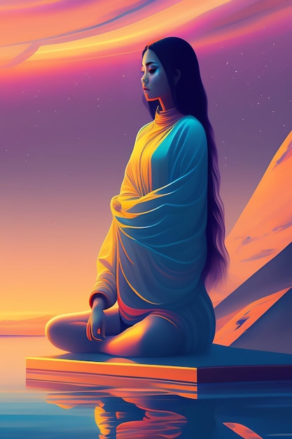 砂漠の岩の上に座って空を見上げる女性。