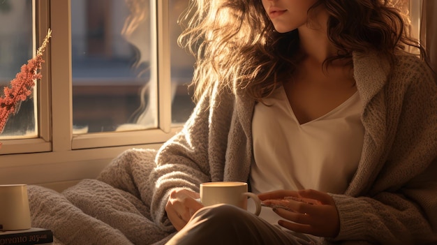 Free photo woman sits on a windowsill holding a coffee cup and books