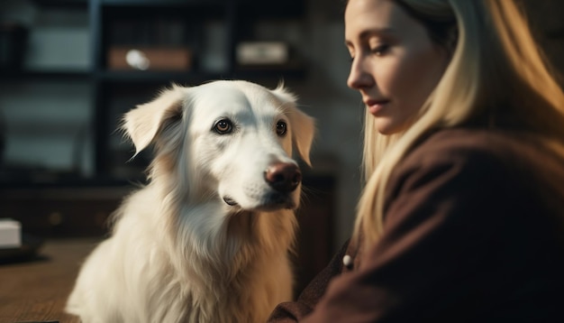 Foto gratuita una donna siede con il suo cane in una stanza buia.