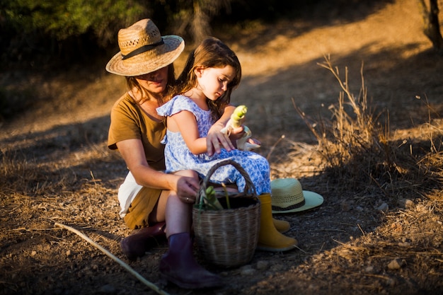 Женщина, сидящая с дочерью в поле