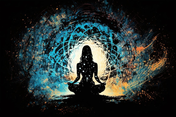 Free Photo woman sitting in yoga lotus pose and her connection to space generative ai