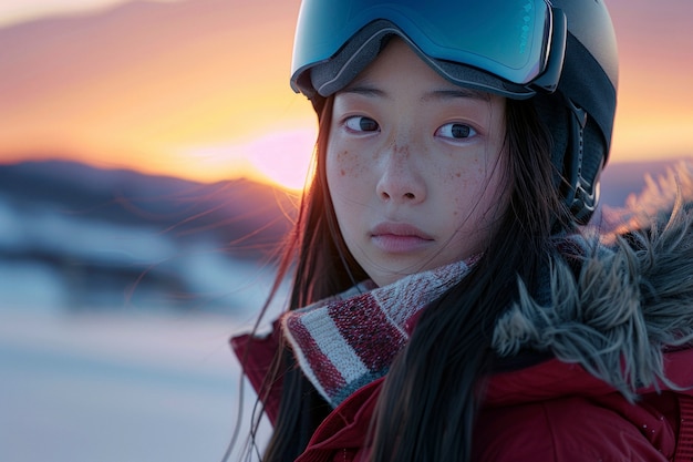 무료 사진 woman snowboarding in wintertime with dreamy landscape and pastel shades