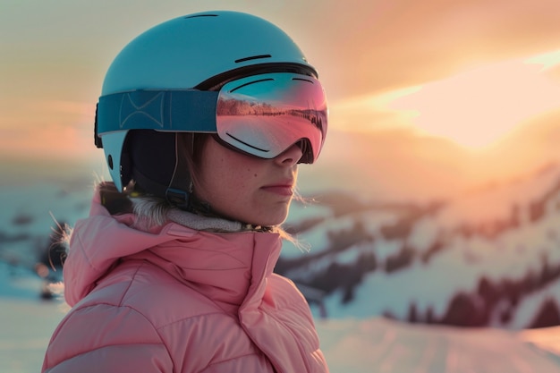 Woman snowboarding in wintertime with dreamy landscape and pastel shades