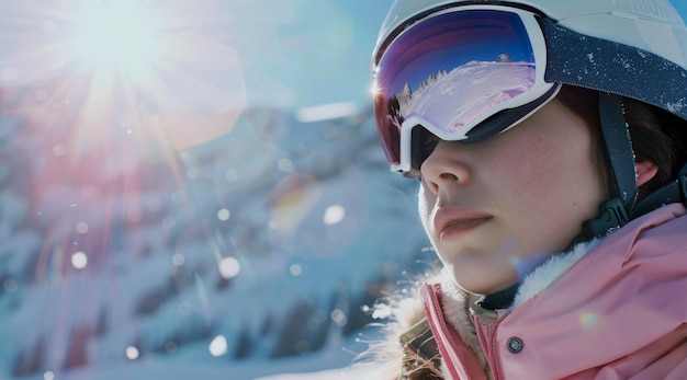 Woman snowboarding in wintertime with dreamy landscape and pastel shades