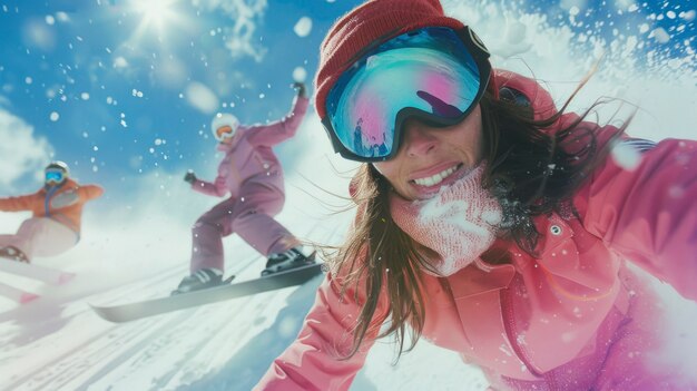 Woman snowboarding in wintertime with dreamy landscape and pastel shades